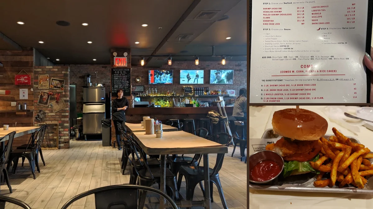 Contemporary seafood spot with booths and table settings.