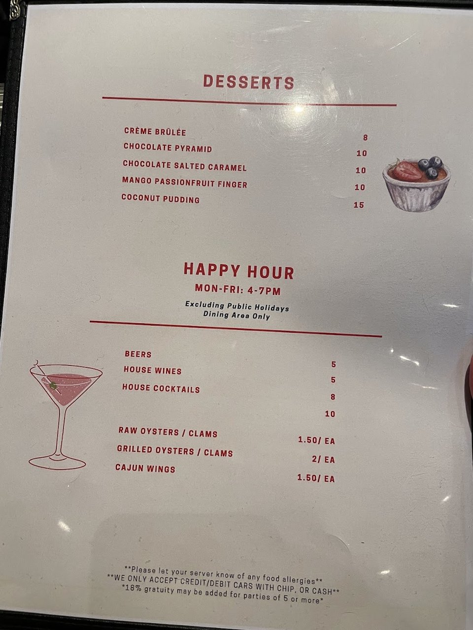 Restaurant menu layout with simple section headings.