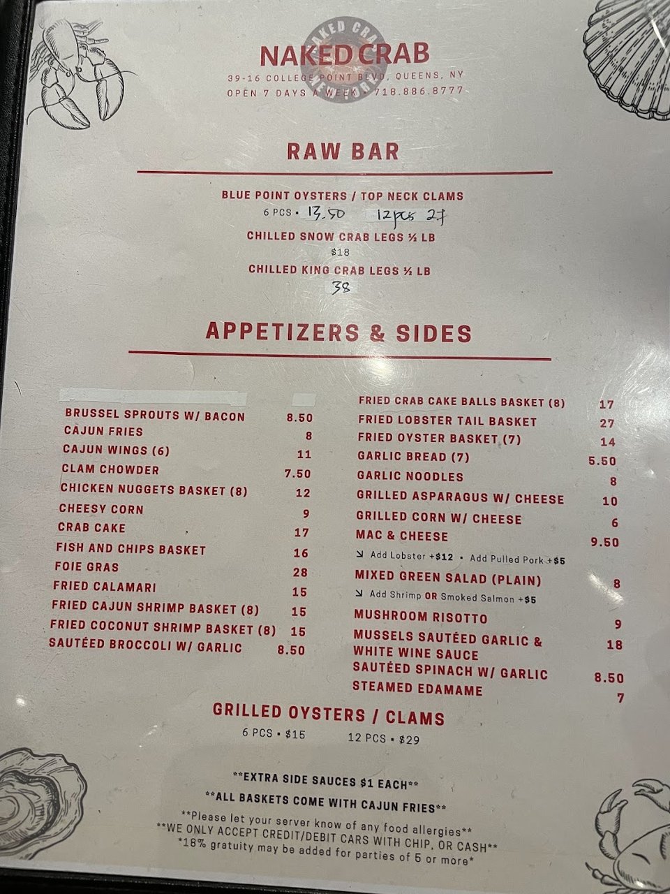 Menu display for seafood restaurant offerings.